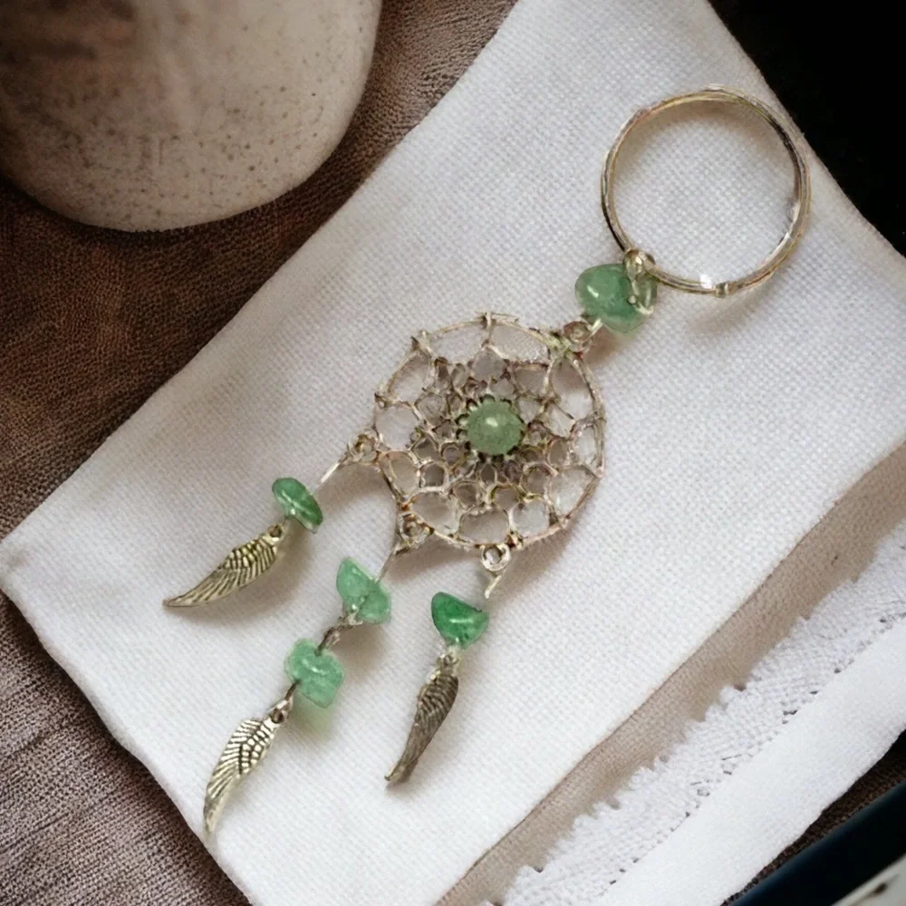 Dream Catcher Keyring Boho Native American Feathers Sea Glass Greens Silver Gift